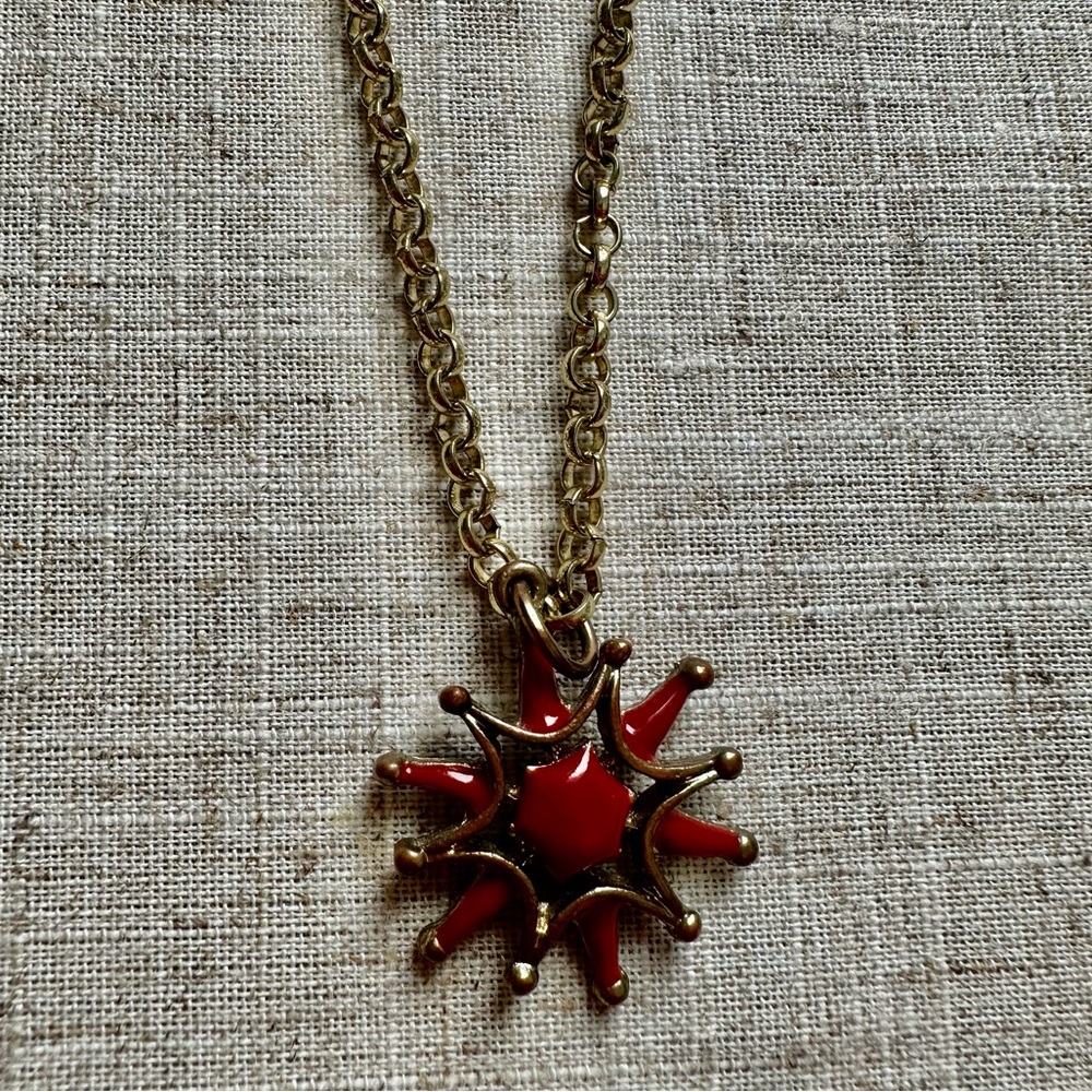 Red Pendant Necklace on Long Gold Chain, Nautical